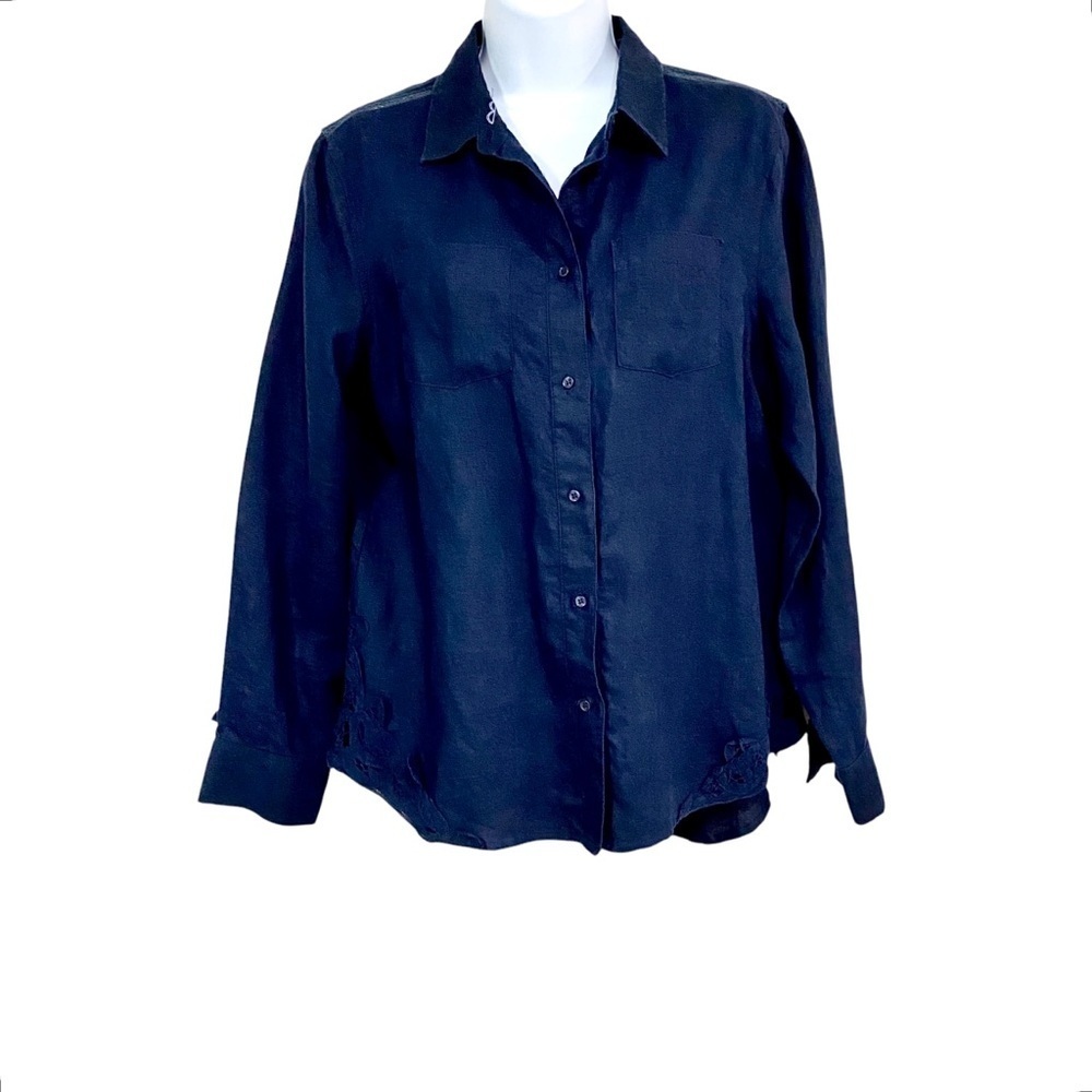 Navy Blue Linen Lace Cutwork Embroidered Floral Button Down Top Blouse Size PL